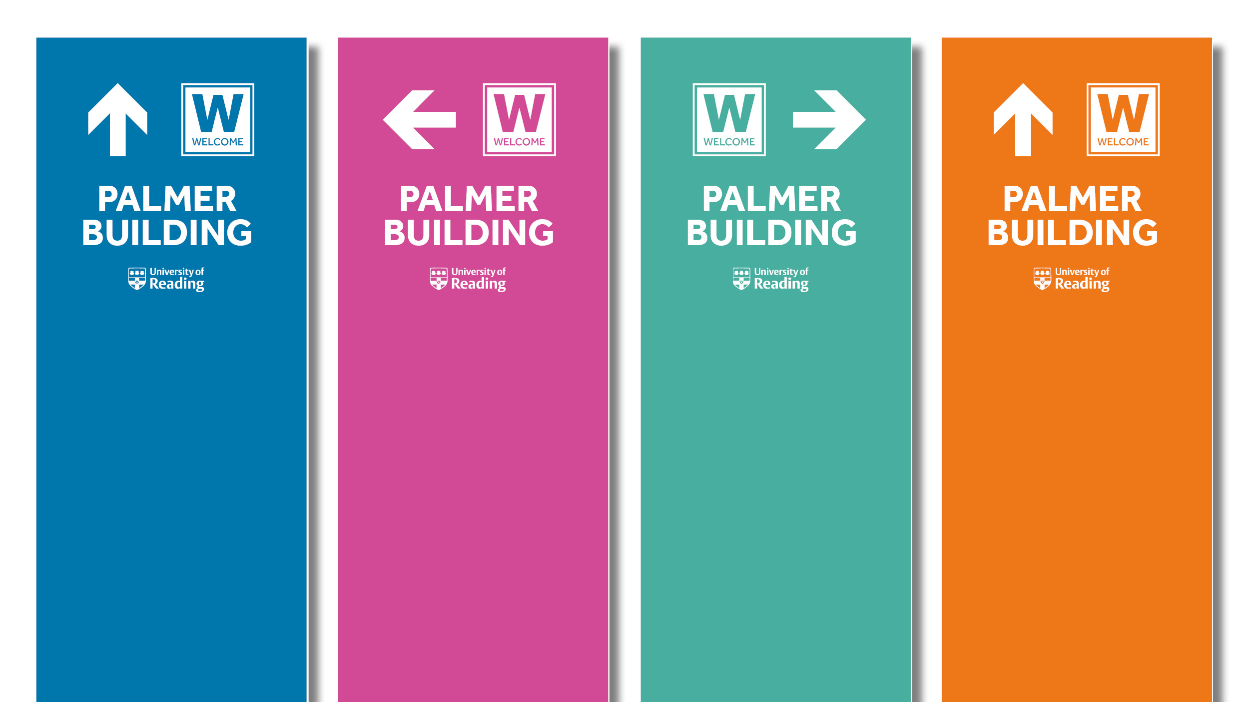 Banners in blue, pink, teal and orange