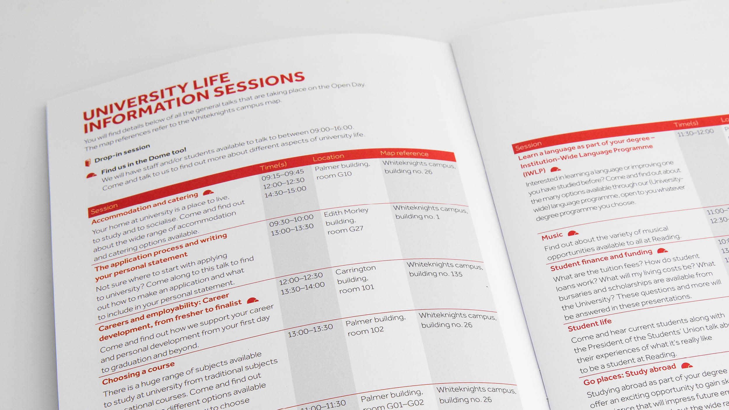 Spread from Open Day programme showing a neat table of events