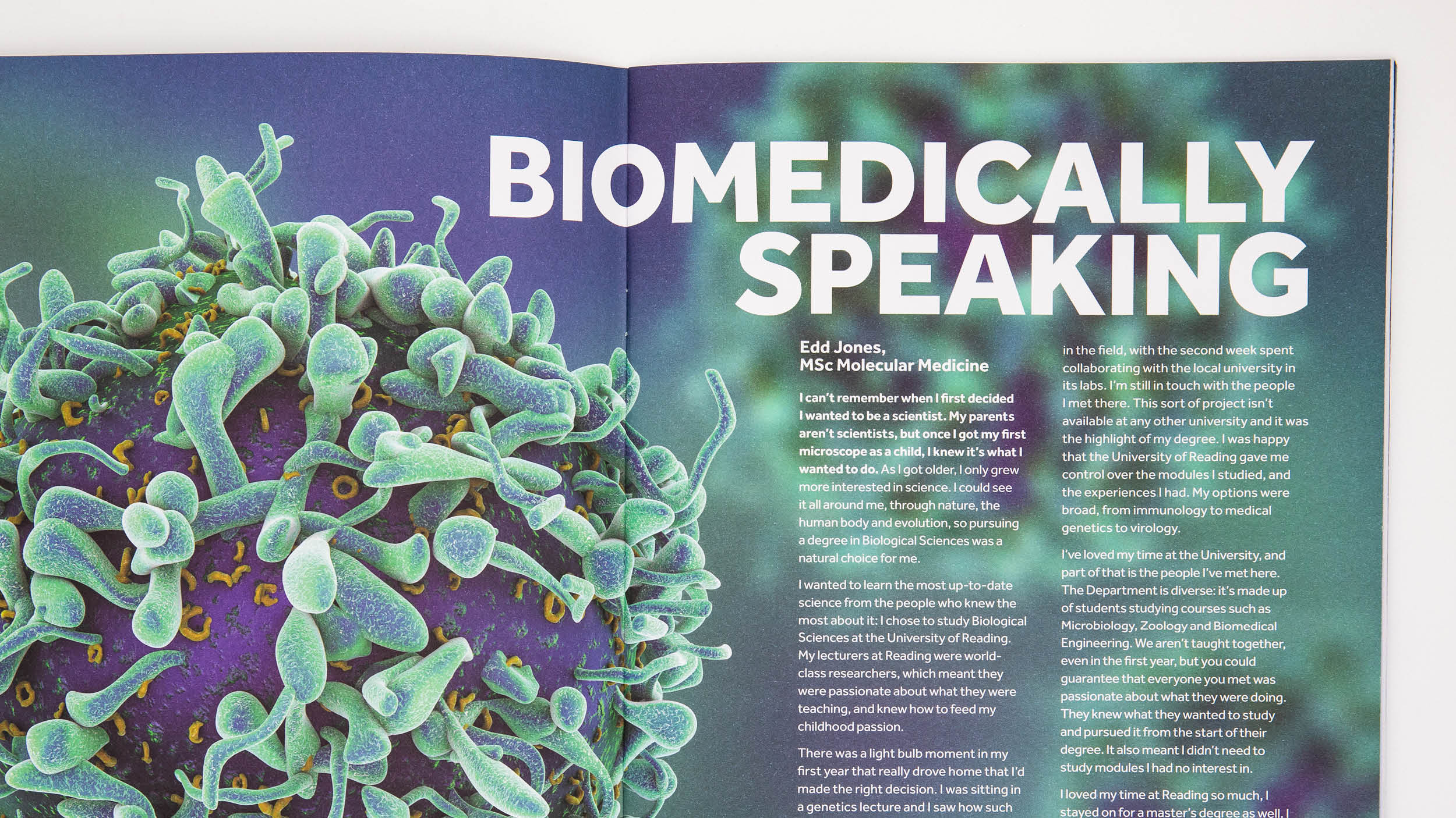Spread from Biological Sciences brochure featuring an image of bacterial under the microscope and the title Biomedically Speaking