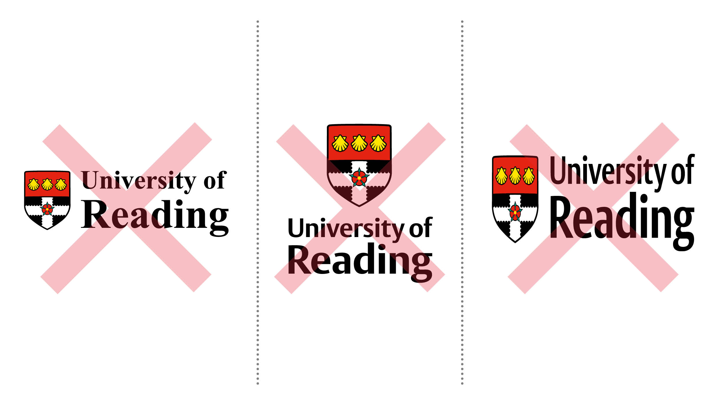 Three examples of how not to use our logo. Do not change the typeface, rearrange or stretch the logo.
