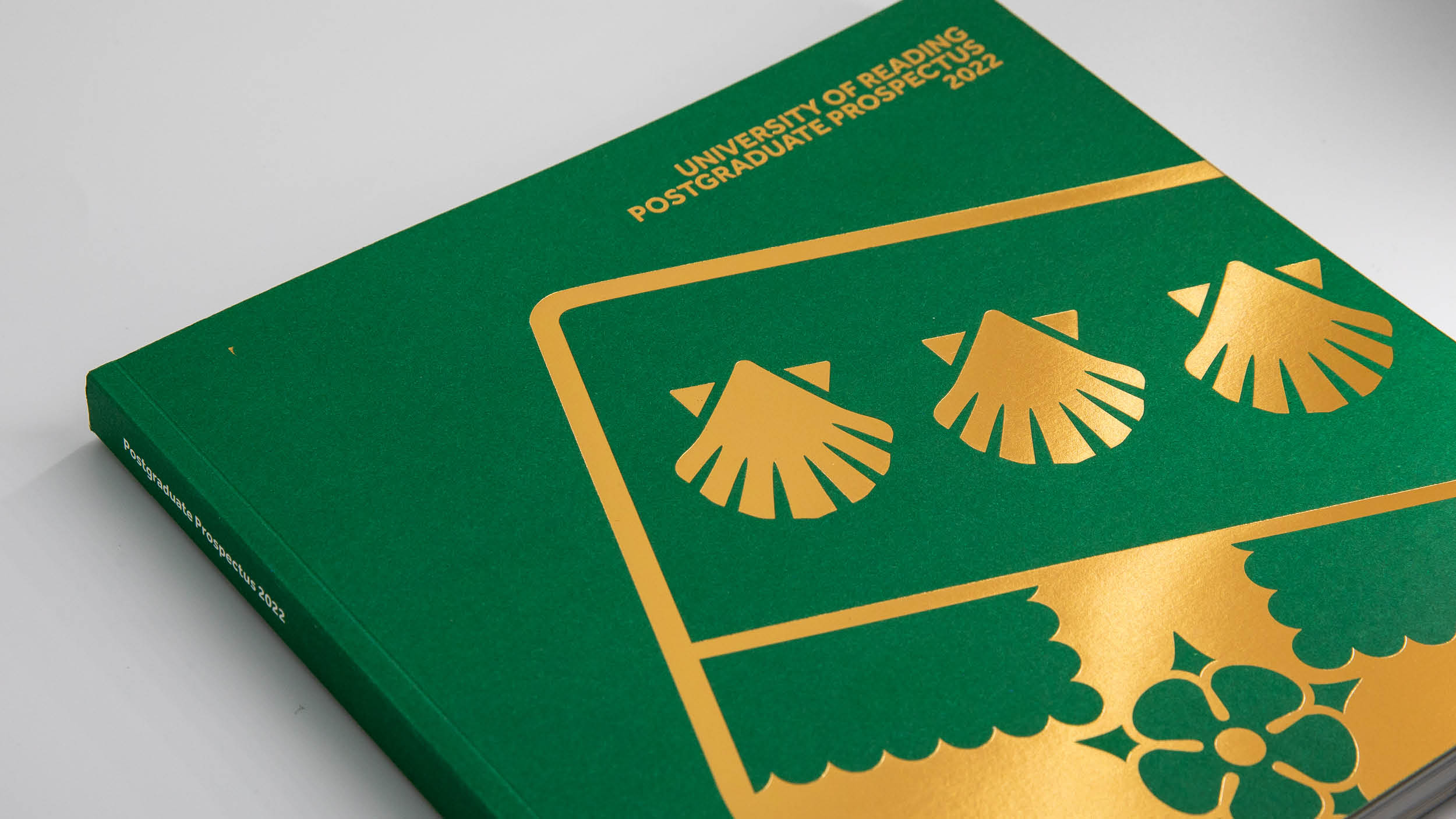 University of Reading crest printed in foil on the front of a prospectus