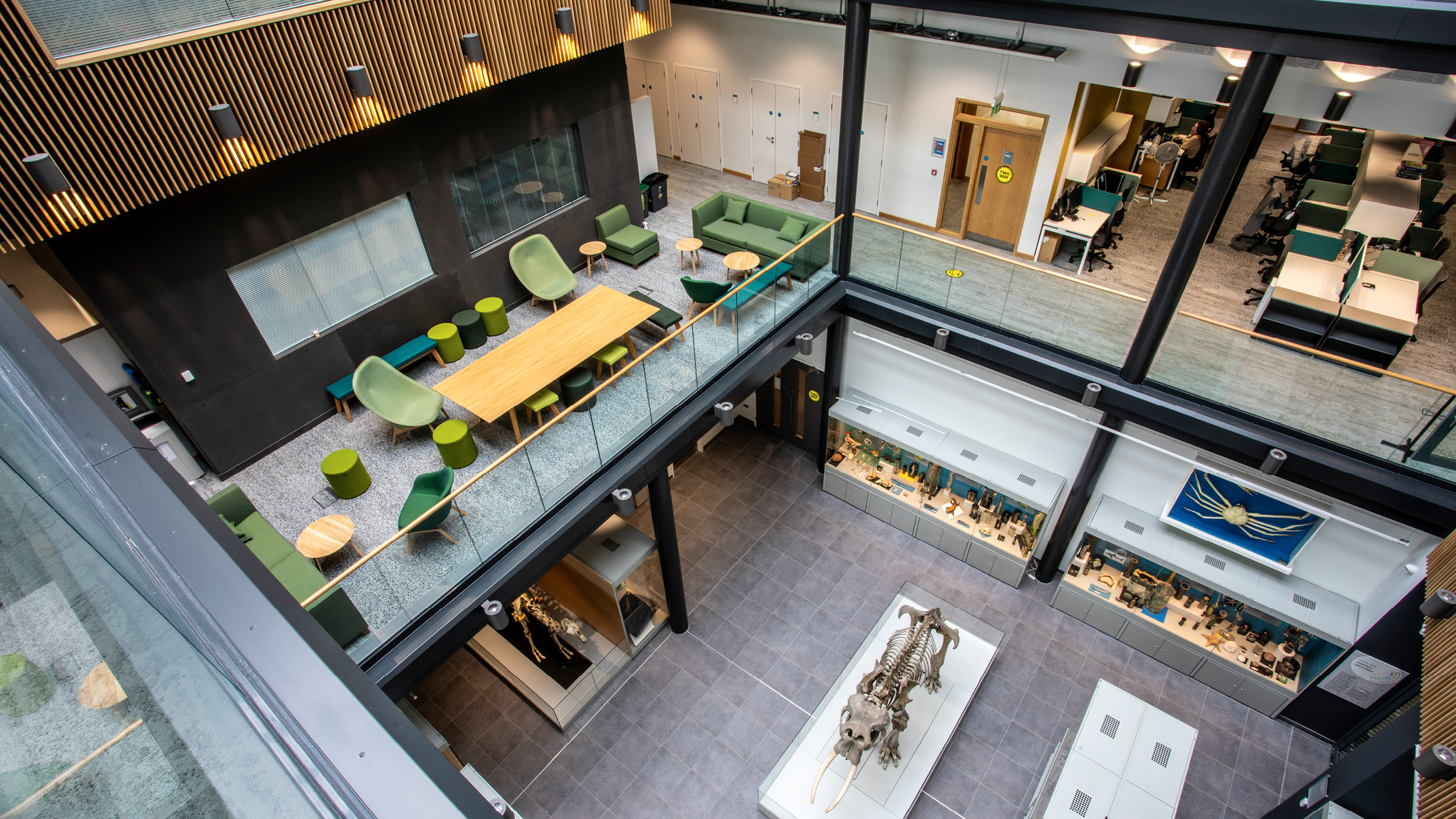 Aerial shot of the atrium in the Health and Life Science building