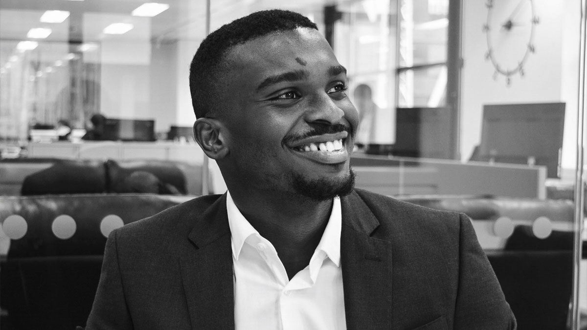 Black and white image of Lanre Onanuga