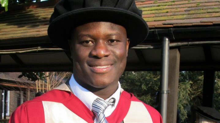 Samuel Laryea posing for a photo during his PhD graduation ceremony