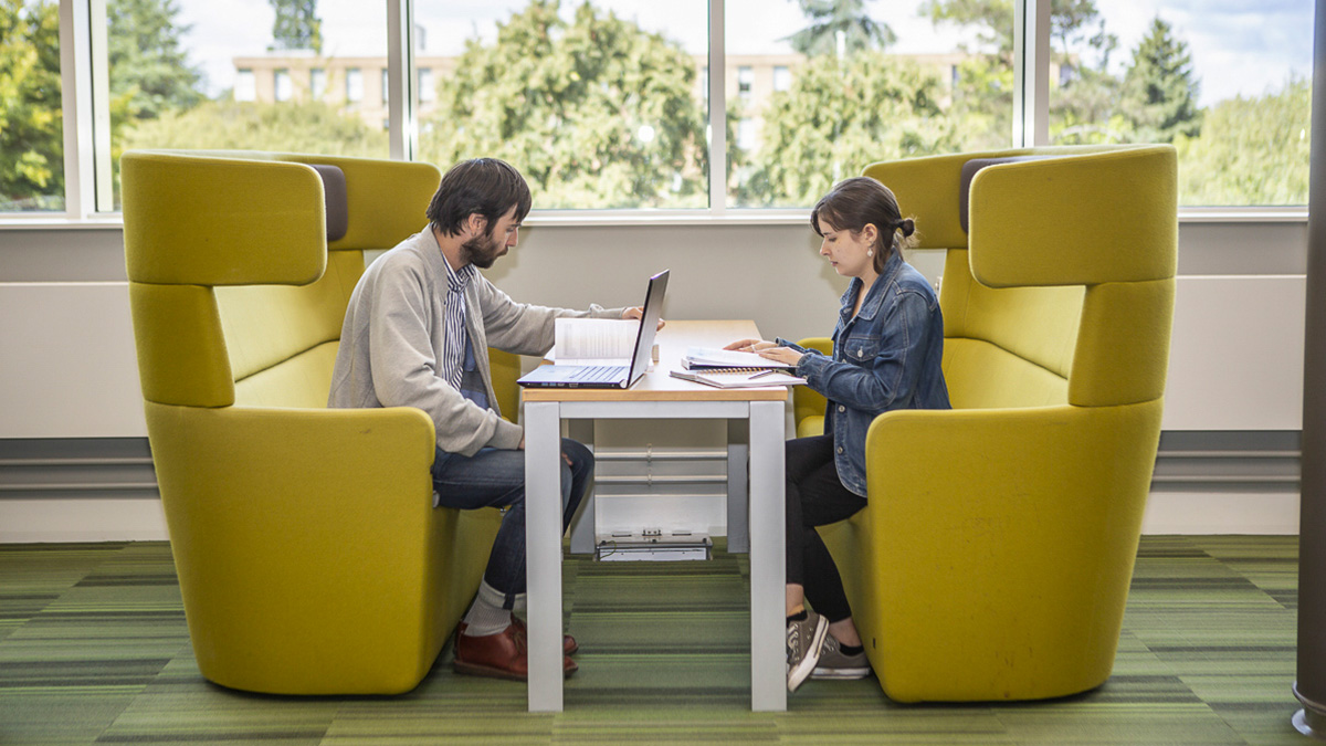 Students studying on sofas in the University Library