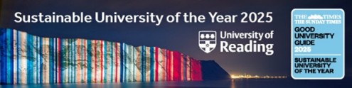 Climate stripe image with the words "Sustainable University of the Year 2025"