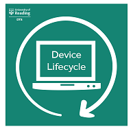 Device lifecycle logo. A teal green square with an outline image of a computer in white. On the computer screen written in white are the words Device Lifecycle. Around the computer is a circular arrow which represents the lifecycle. 
