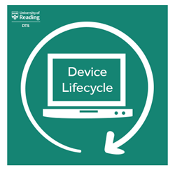 Device lifecycle square logo. Teal green background with a white computer on it with the words device lifecycle on the screen. An arrow circles around the computer to represent the lifecycle.