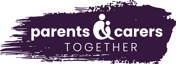 The Parents and Carers Together Network logo. A dark purple paint smear with the text 'Parents and Carers Together' written on top in white text.