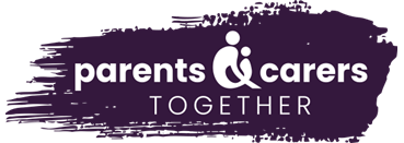 The Parents and Carers Together Network logo. A dark purple paint smear with the text 'Parents and Carers Together' written on top in white text.