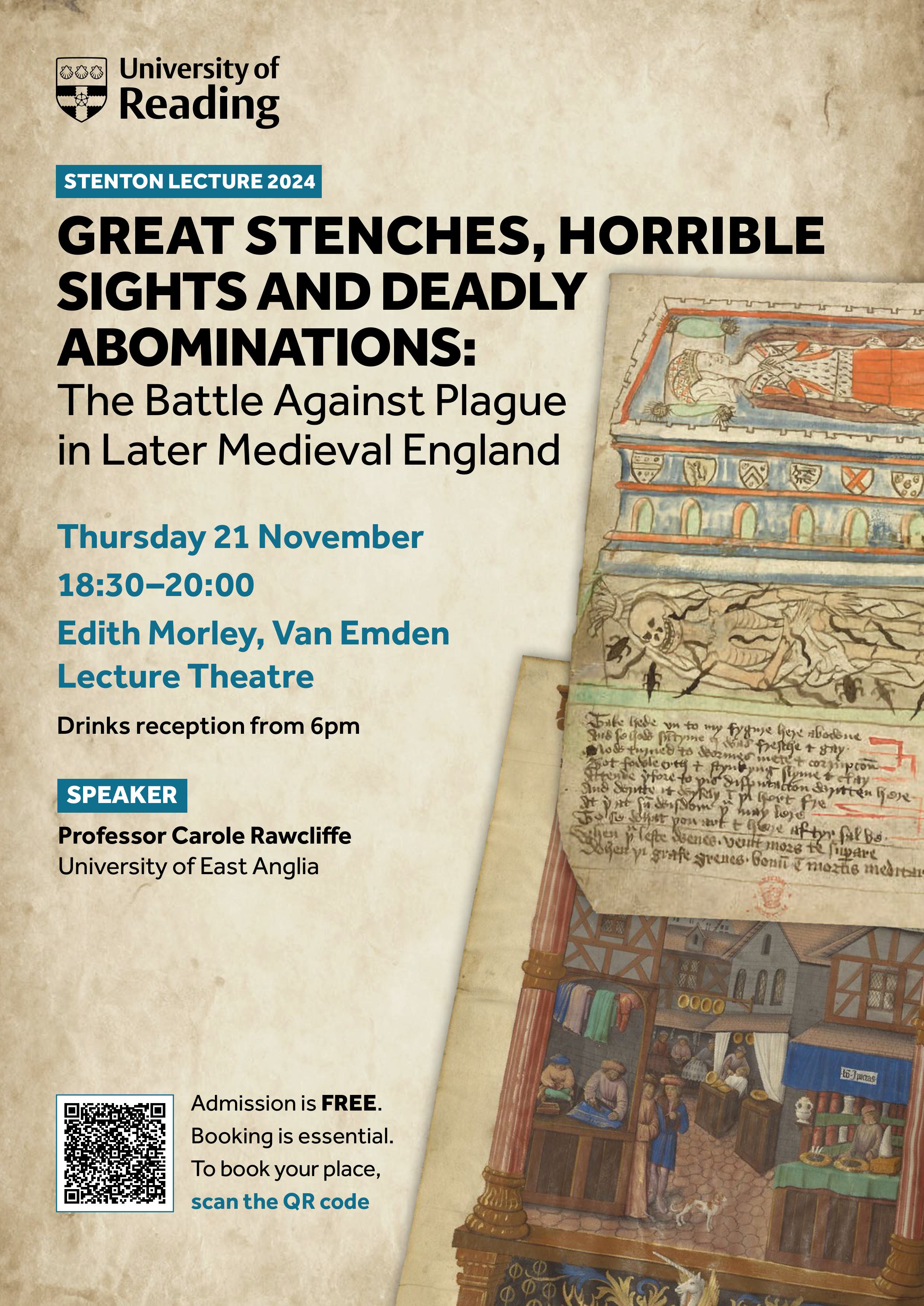 poster describing Stenton Lecture 2024 name and location with a QR code bottom left to book your place for this free event.