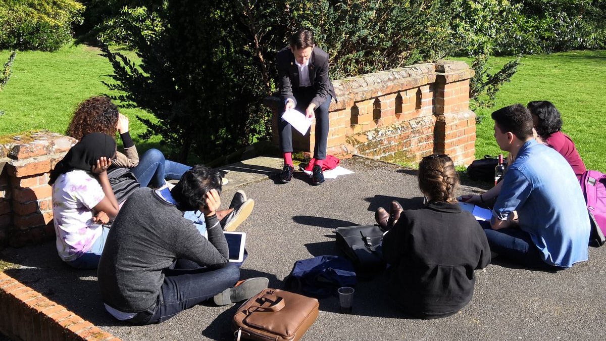 A group of Reading law students studying together outside 